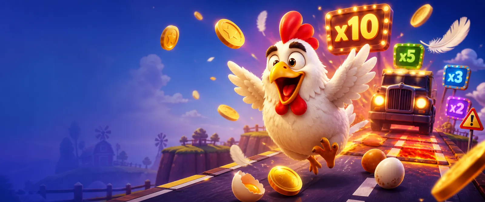 Bright, dynamic promo banner for Chicken Road slot game, featuring road lanes, feathers, and arcade energy