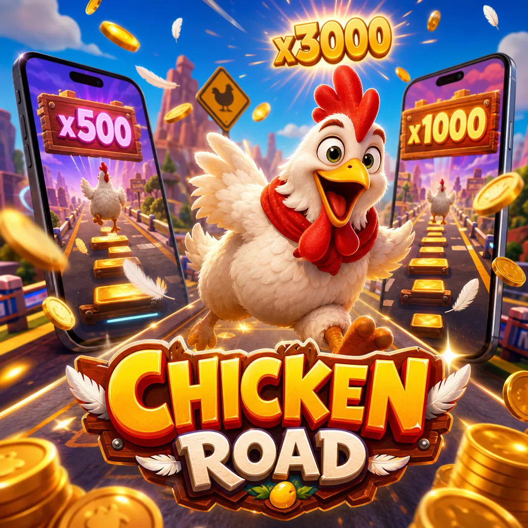 Colorful promo banner for Chicken Road game featuring a funny chicken, coins, feathers, and energetic design.