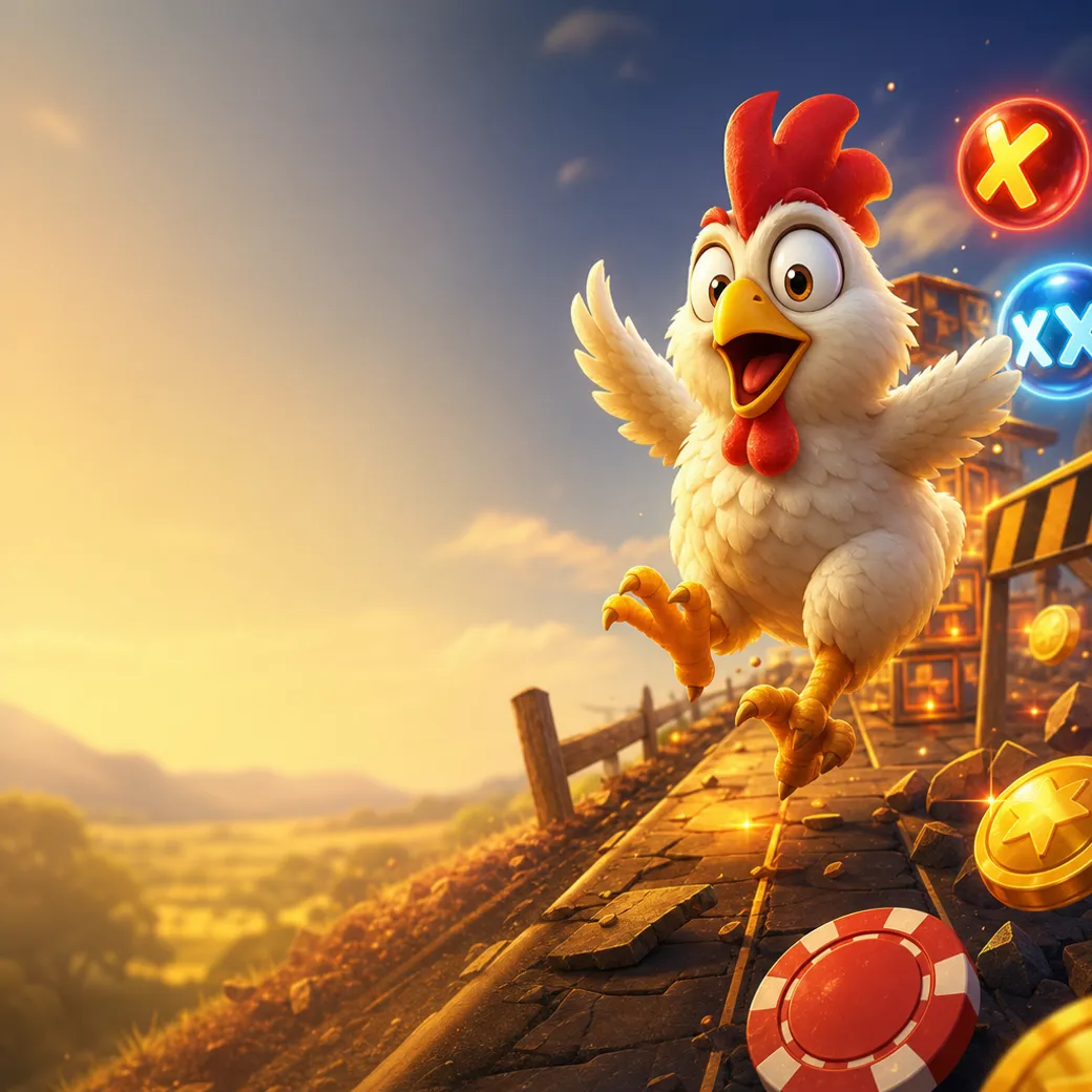 Illustration of a playful chicken crossing a road in a whimsical casino slot theme